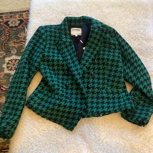 NWT L’Agence black and green fringed houndstooth jacket